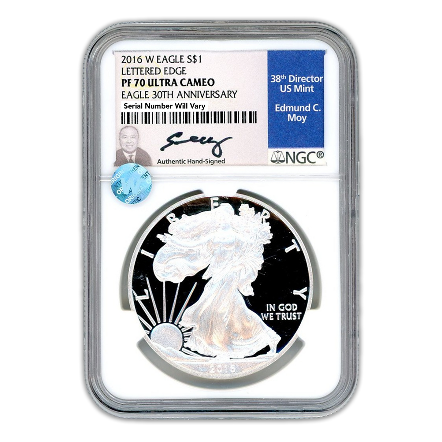 2016 W Silver Eagle West Point - 30th Anniversary - Lettered Edge - Moy Signature Label - NGC PF70 UC