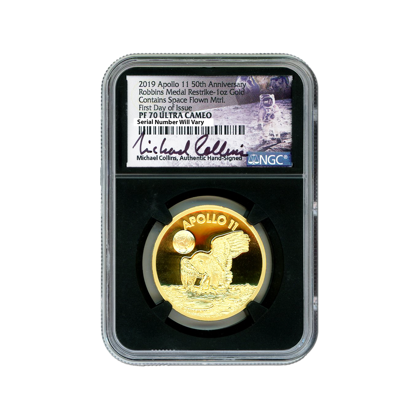 2019 Apollo 11 50th Ann. Robbins Medal Restrike - Collins Sign. - NGC PF70 UCAM FDOI 1 oz Gold - CoinsTV
