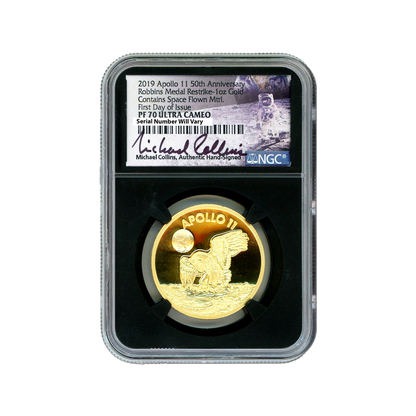 2019 Apollo 11 50th Ann. Robbins Medal Restrike - Collins Sign. - NGC PF70 UCAM FDOI 1 oz Gold - CoinsTV