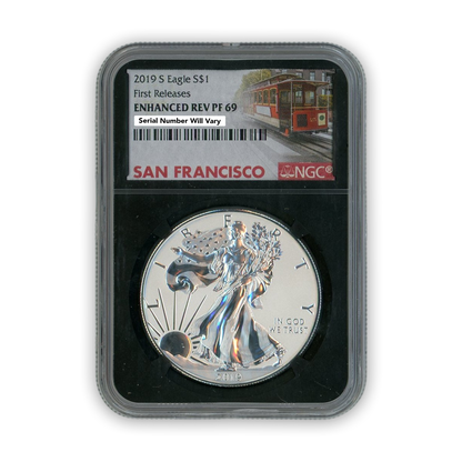 2019-S Silver Eagle Dollar San Francisco NGC PF69 Enhanced Reverse First Releases Trolley Label - CoinsTV