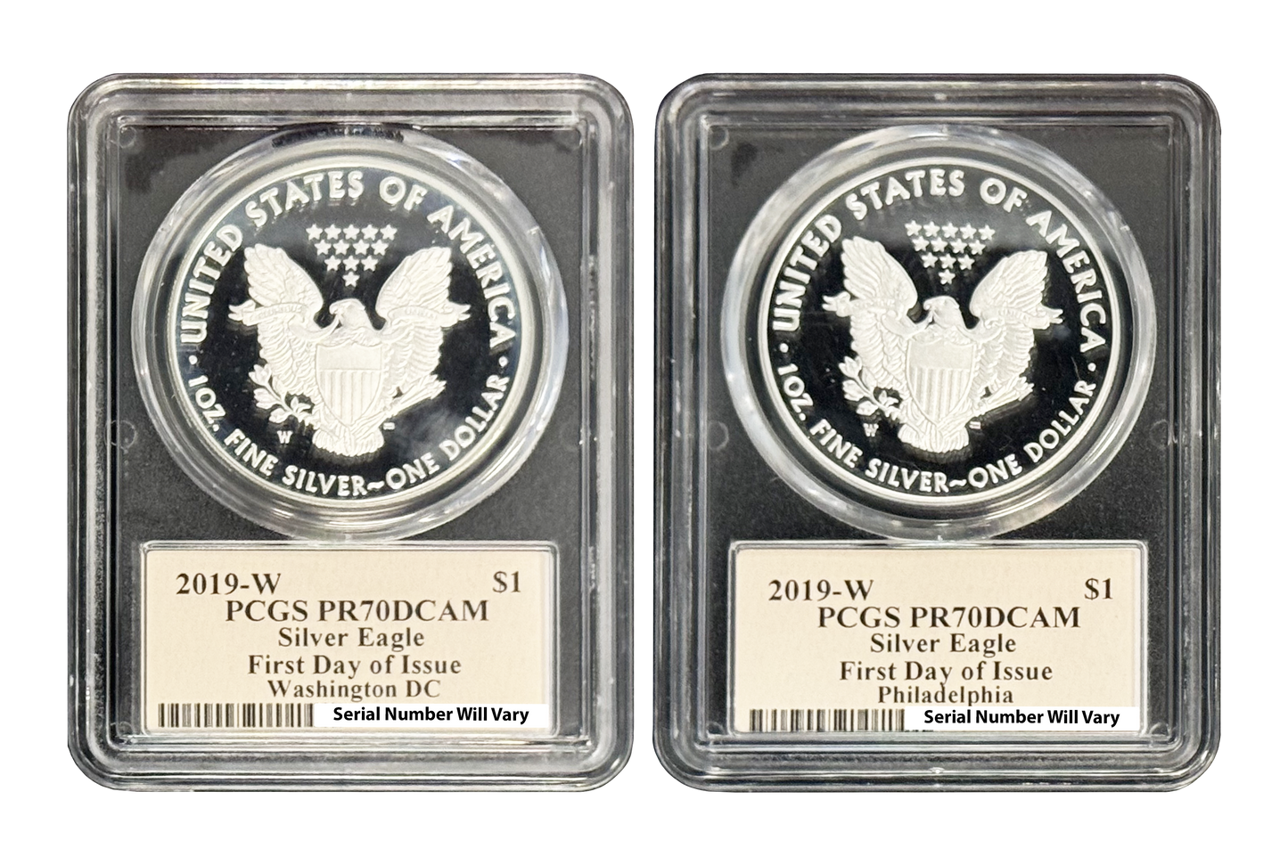 2019 W Proof Silver Eagle Two-piece Set- PCGS PR70 DCAM- Cleveland Signature FDOI-Washington DC & Philadelphia Release - CoinsTV