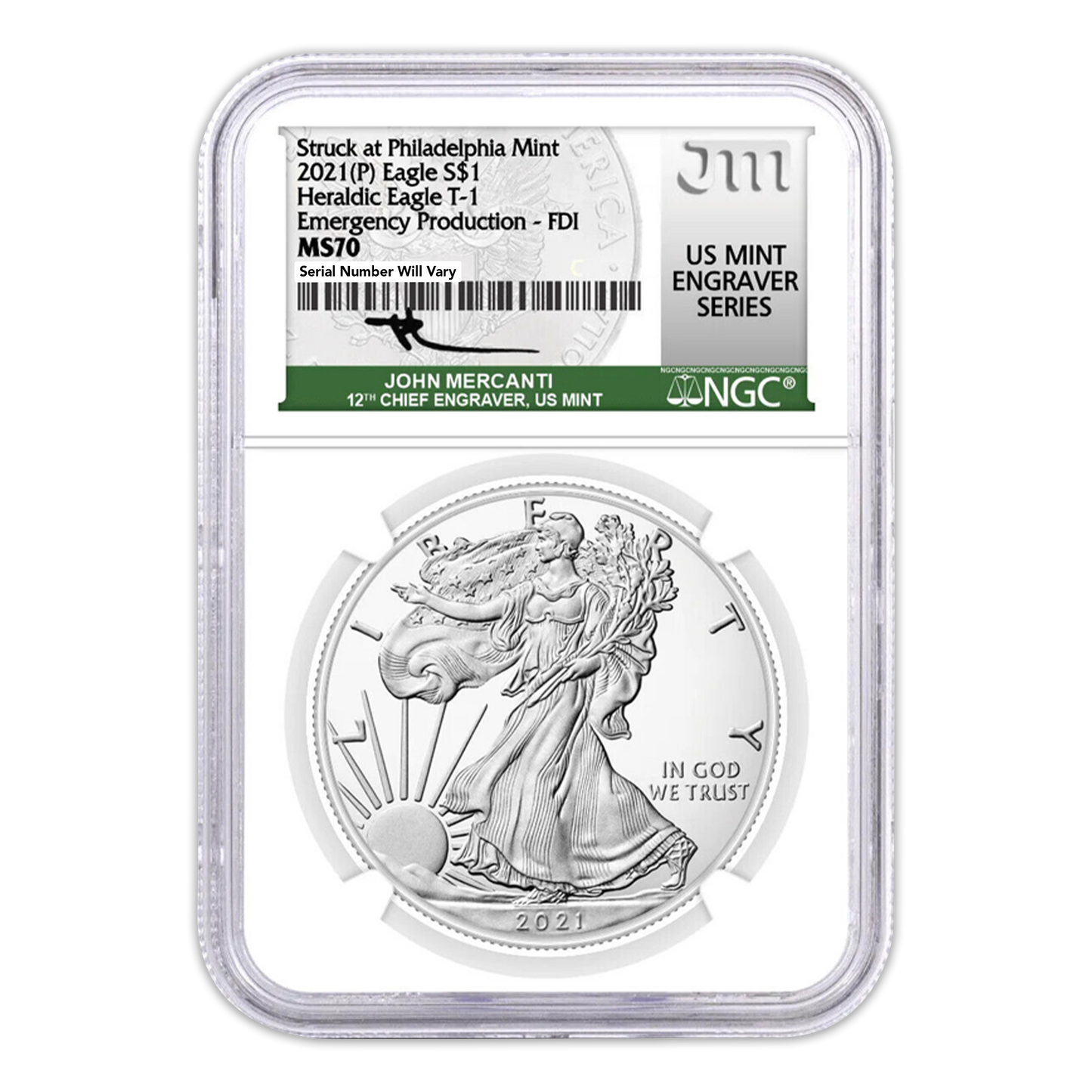 2021 P Silver Eagle - Type 1 - Business Strike - Philadelphia - NGC MS70 First Day of Issue Mercanti Label