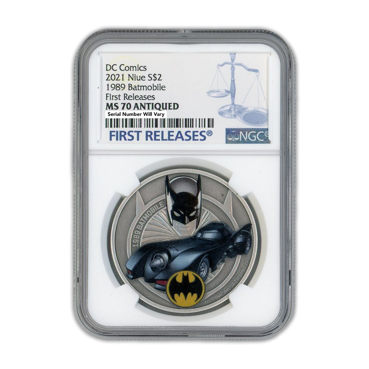 2021 $2 Niue Silver 1989 Batmobile First Releases MS70 Antiqued - CoinsTV