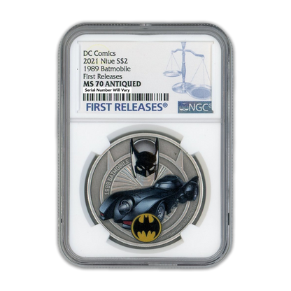 2021 $2 Niue Silver 1989 Batmobile First Releases MS70 Antiqued - CoinsTV
