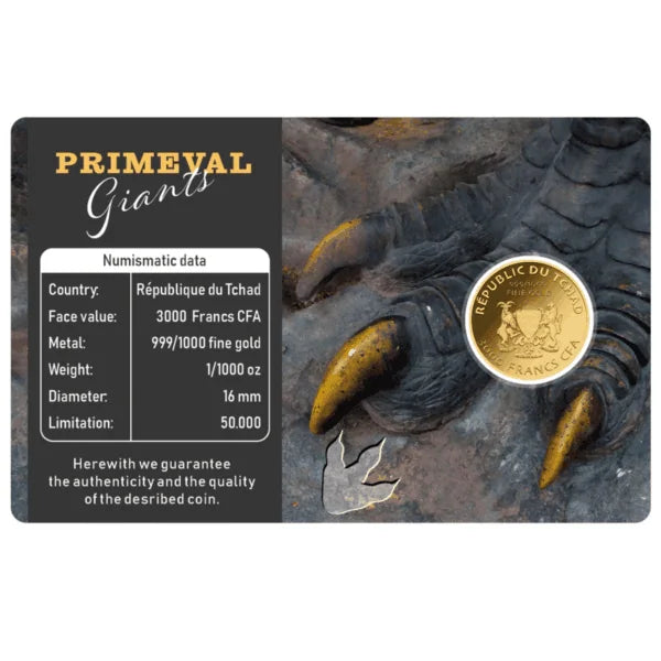 2023 Chad Tyrannosaurus Rex 1/1000 oz Gold PL Coin in Assay Card