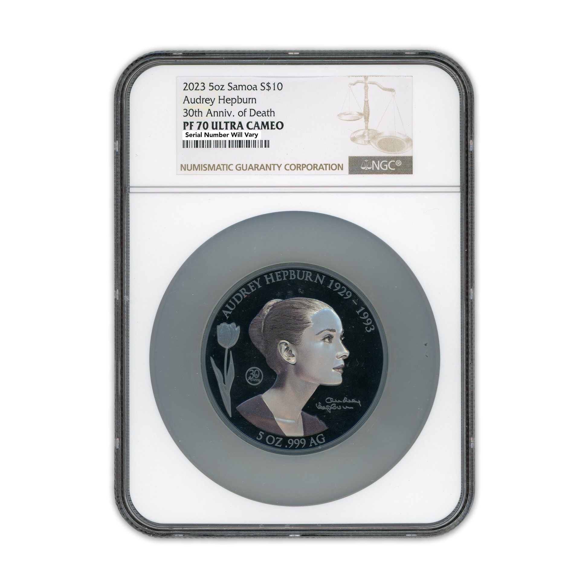 2023 Samoa Audrey Hepburn 5 oz Silver Coin - NGC PF70 - CoinsTV