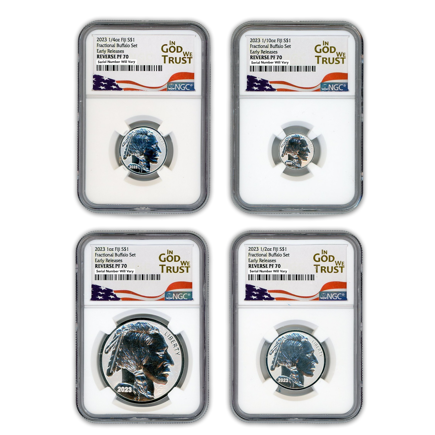2023 Fiji Buffalo Silver 4 pc Fractional Set - NGC Reverse Proof PF70 Early Release - In God We Trust Label - CoinsTV
