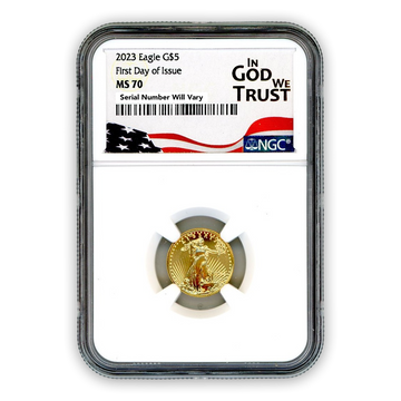 2023 $5 Gold Eagle in God We Trust Label - NGC MS70 First Day of Issue