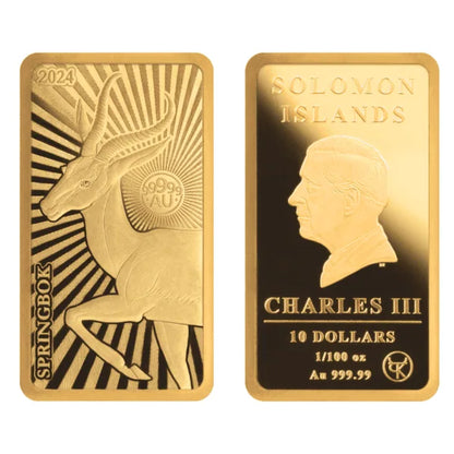 2024 Solomon Islands World’s Purest Bullion Springbok 1/100 oz Proof Gold Bar - CoinsTV