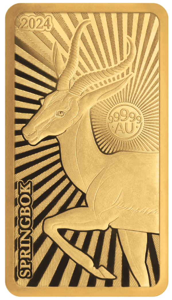 2024 Solomon Islands World’s Purest Bullion Springbok 1/100 oz Proof Gold Bar - CoinsTV