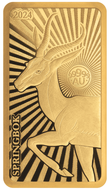 2024 Solomon Islands World’s Purest Bullion Springbok 1/100 oz Proof Gold Bar - CoinsTV