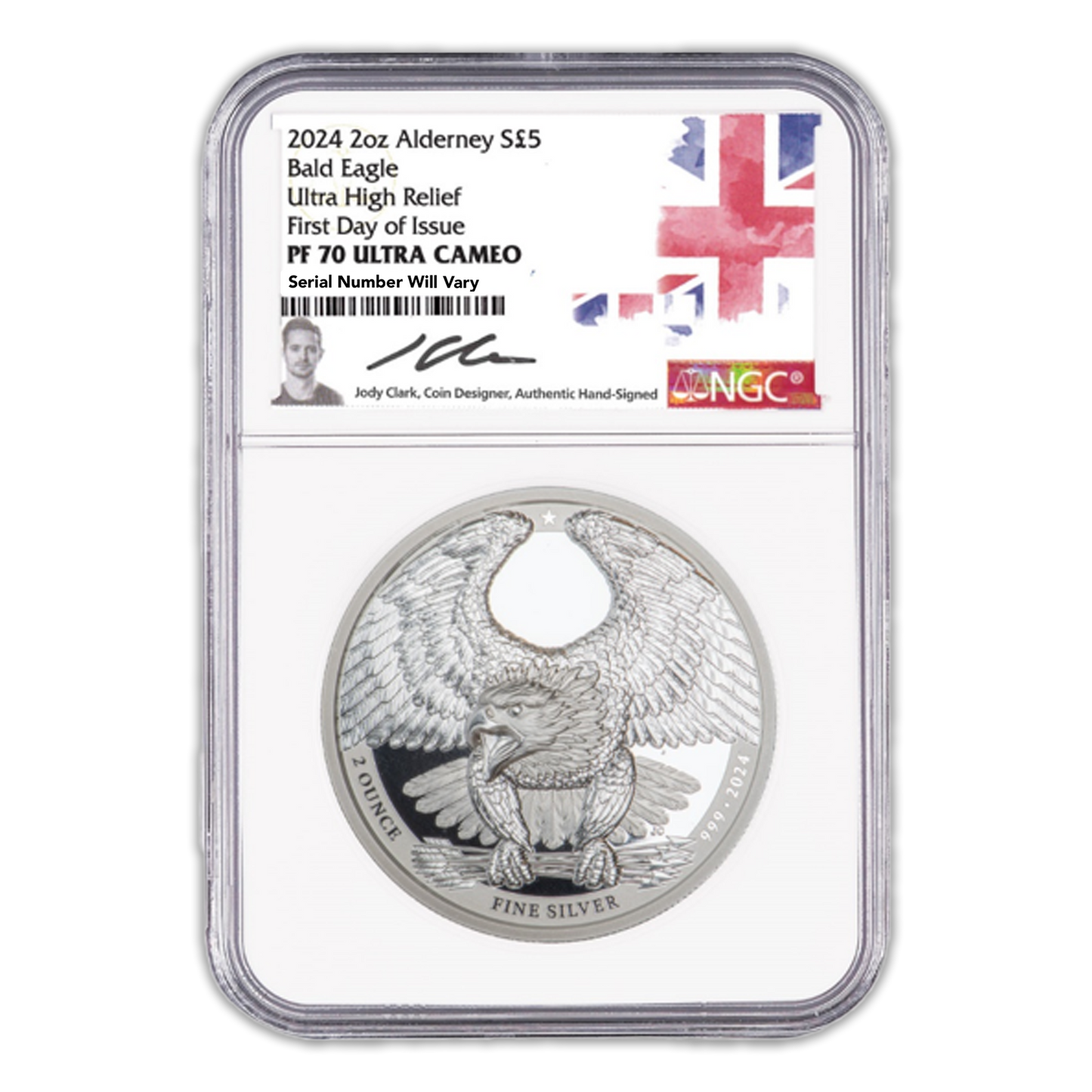 2024 Alderney Bald Eagle - Jody Clark Signed - NGC PF70 UCAM FDOI 2 oz Silver - CoinsTV