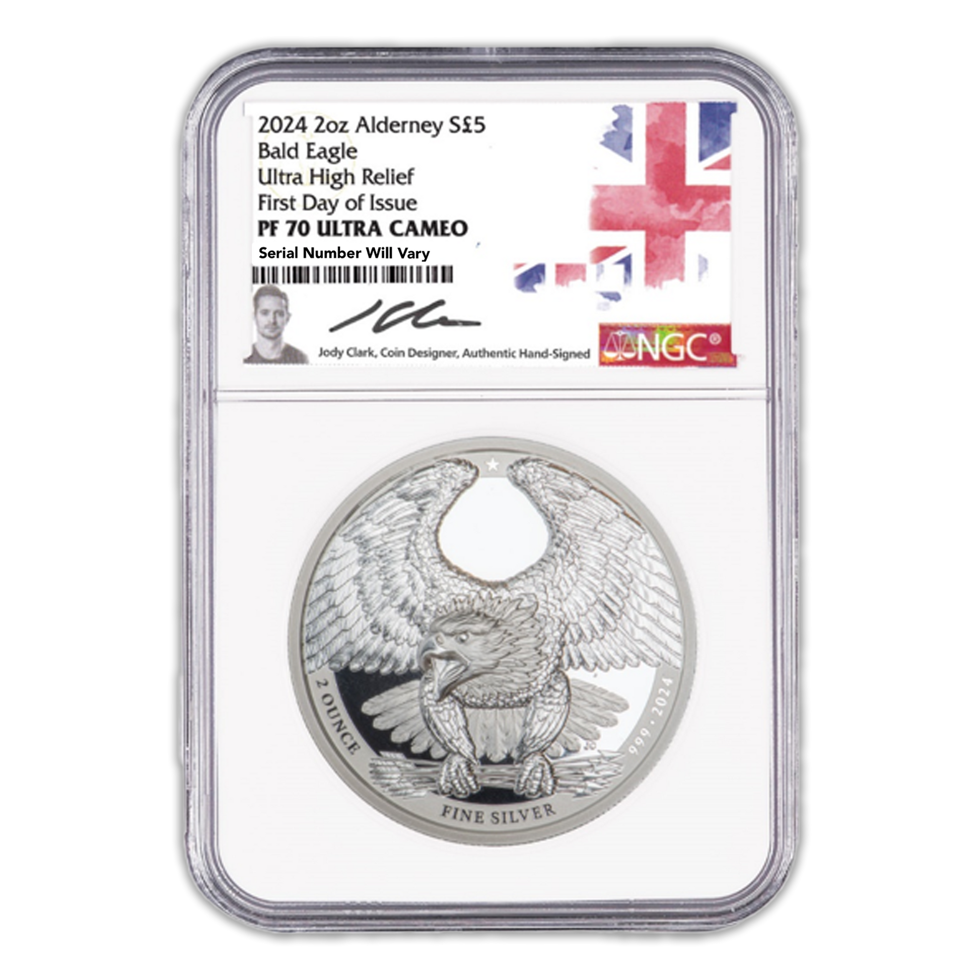 2024 Alderney Bald Eagle - Jody Clark Signed - NGC PF70 UCAM FDOI 2 oz Silver - CoinsTV