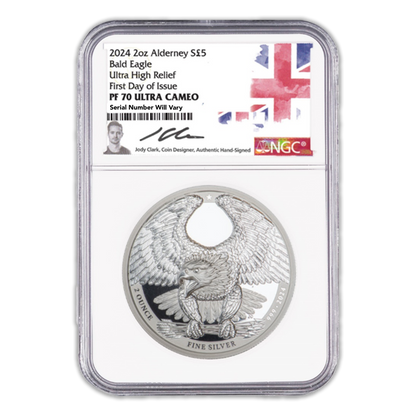 2024 Alderney Bald Eagle - Jody Clark Signed - NGC PF70 UCAM FDOI 2 oz Silver - CoinsTV