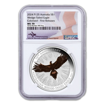 2024 Australia  Wedge Tailed Eagle Colorized - Flag Label & Mercanti Signature - NGC MS70 First Releases  1 oz Silver