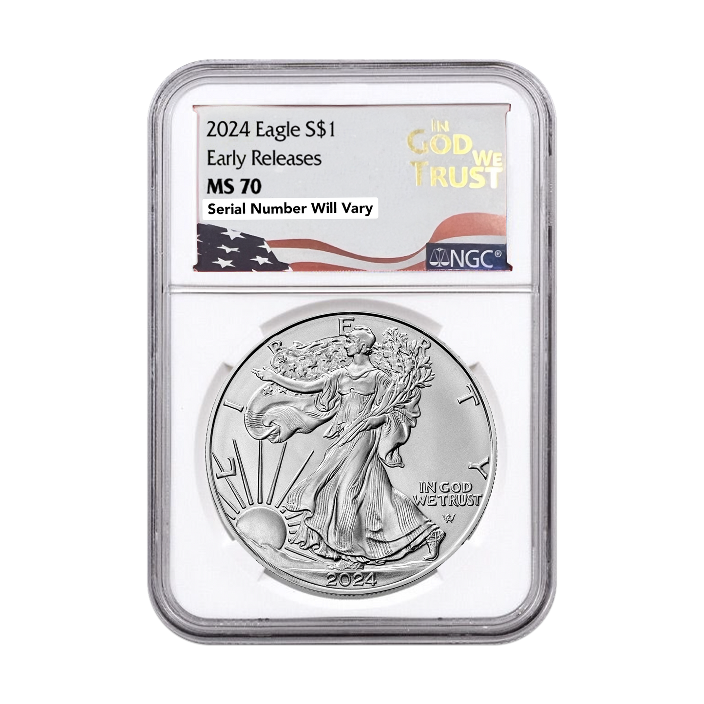 2024 Silver Eagle In God We Trust Label - NGC MS70 Early Releases