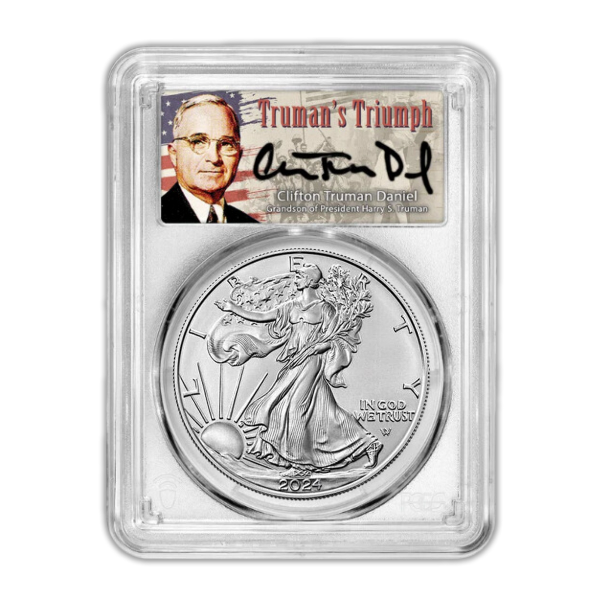 2024 Silver Eagle - Business Strike - Type 2 - PCGS MS70 First Day of Issue Trumans Triumph Label - CoinsTV