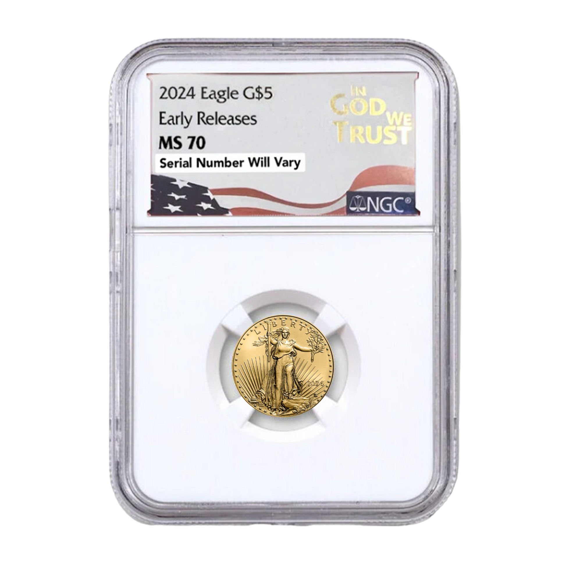 2024 $5 Gold Eagle in God We Trust Label - NGC MS70 Early Releases - CoinsTV