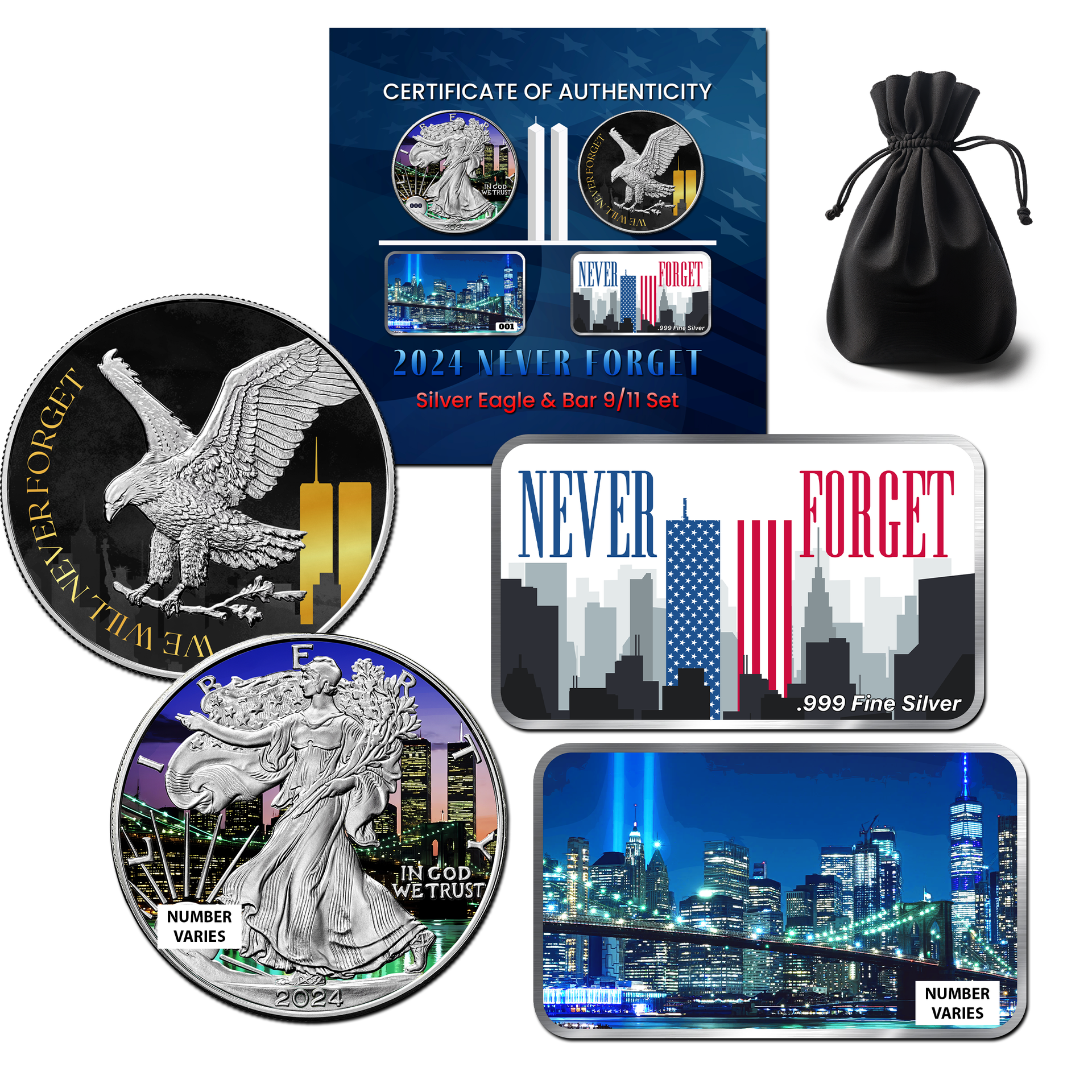2024 Chromatics Never Forget Silver Eagle & Bar 9/11 Set | CoinsTV
