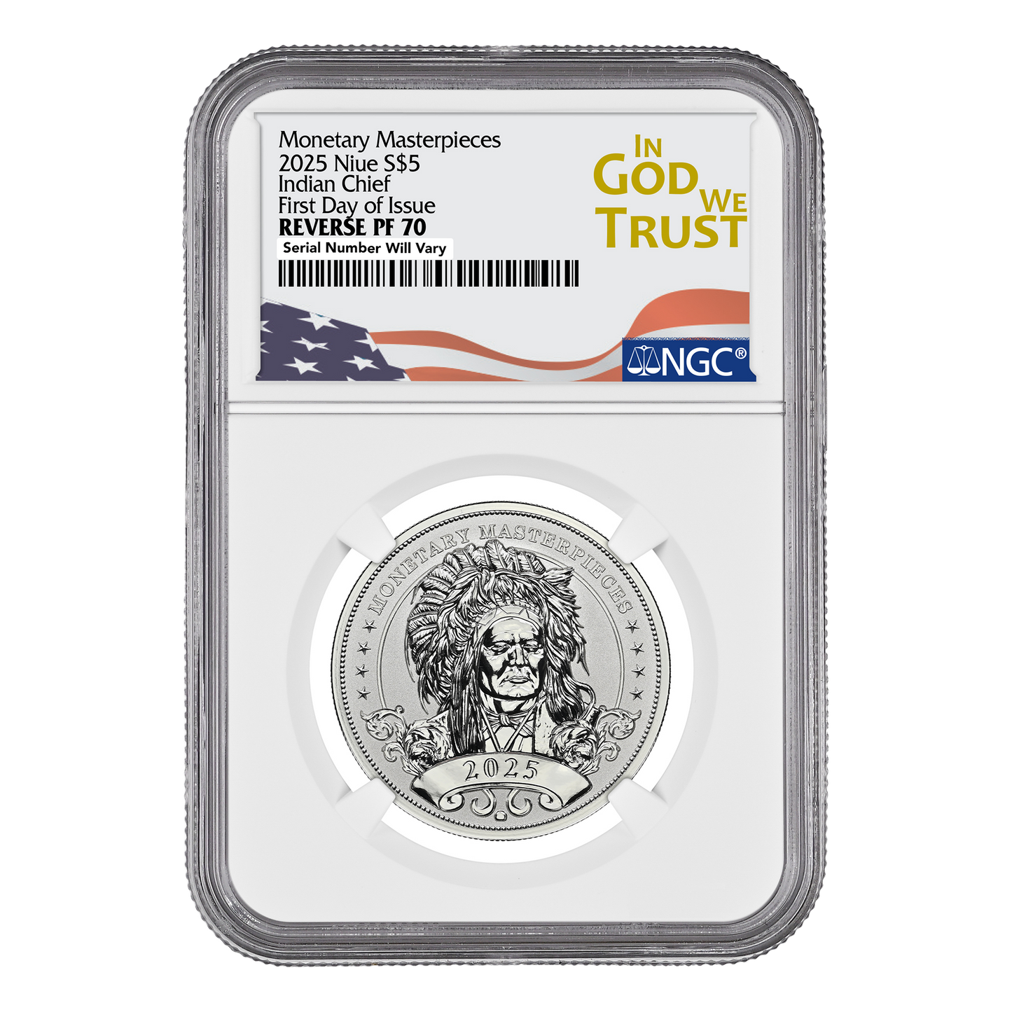 2025 Monetary Masterpieces Fiji 1 oz Silver – Indian Chief IGWT Label - NGC Reverse PF70 FDOI