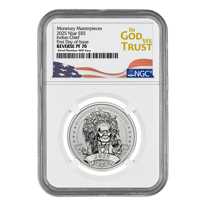 2025 Monetary Masterpieces Fiji 1 oz Silver – Indian Chief IGWT Label - NGC Reverse PF70 FDOI