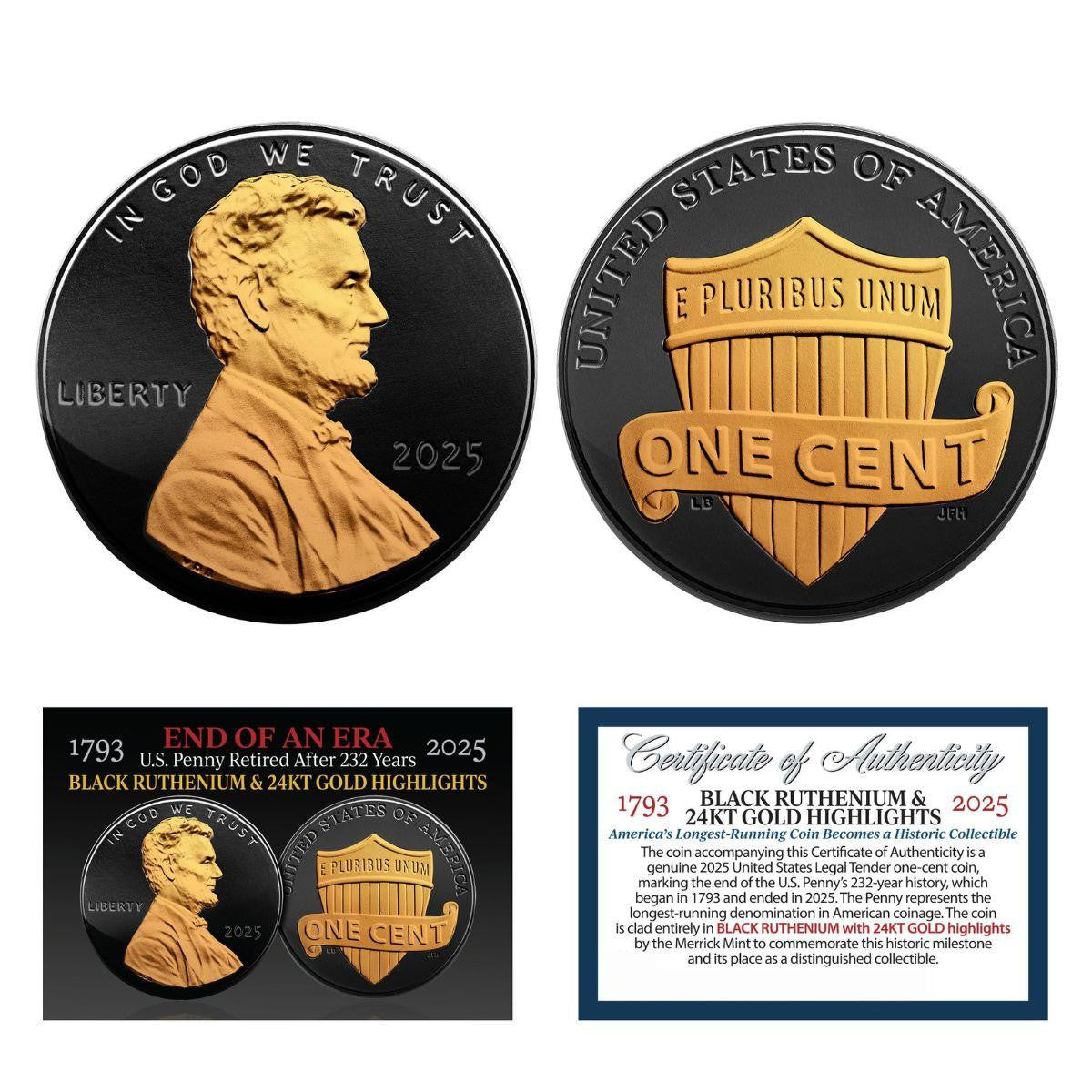 2025 US Penny One Cent Final Issue BU - Black Ruthenium with 24K Gold Plated Highlights - CoinsTV