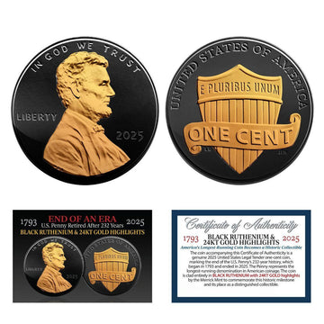 2025 US Penny One Cent Final Issue BU - Black Ruthenium with 24K Gold Plated Highlights - CoinsTV
