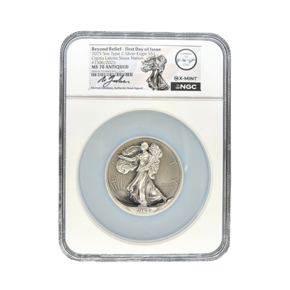 2025 Silver Eagle "Beyond Relief" 5 oz Silver - NGC MS70 Antiqued FDI Gaudioso Signed - CoinsTV