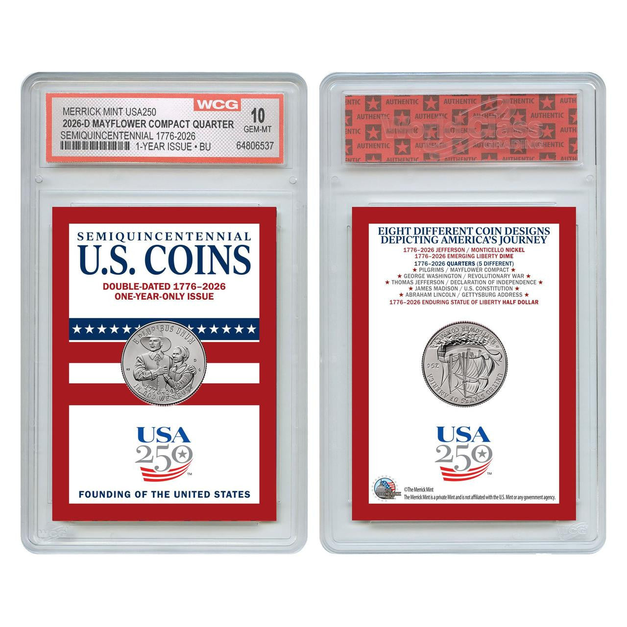 2026-D Mayflower Compact Quarter & Trading Card Collectible WCG GEM MINT 10 America 250 Semiquincentennial