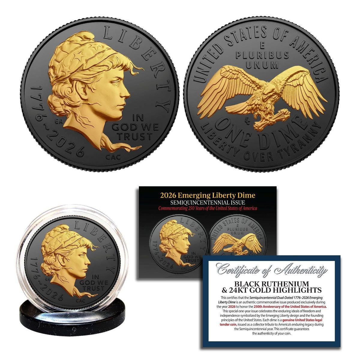 2026 Mixed Mints P or D Emerging Liberty Dime BU - America 250 - Black Ruthenium with 24K Gold Plated Highlights w/COA