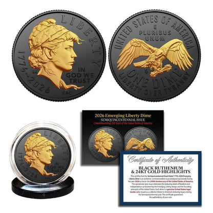 2026 Mixed Mints P or D Emerging Liberty Dime BU - America 250 - Black Ruthenium with 24K Gold Plated Highlights w/COA
