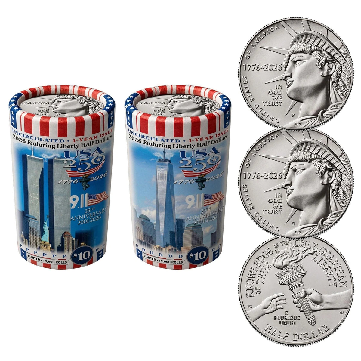2026 Enduring Liberty Half Dollar P & D Rolls Set - World Trade Center 9/11 - 25th Anniversary Limited Edition - CoinsTV