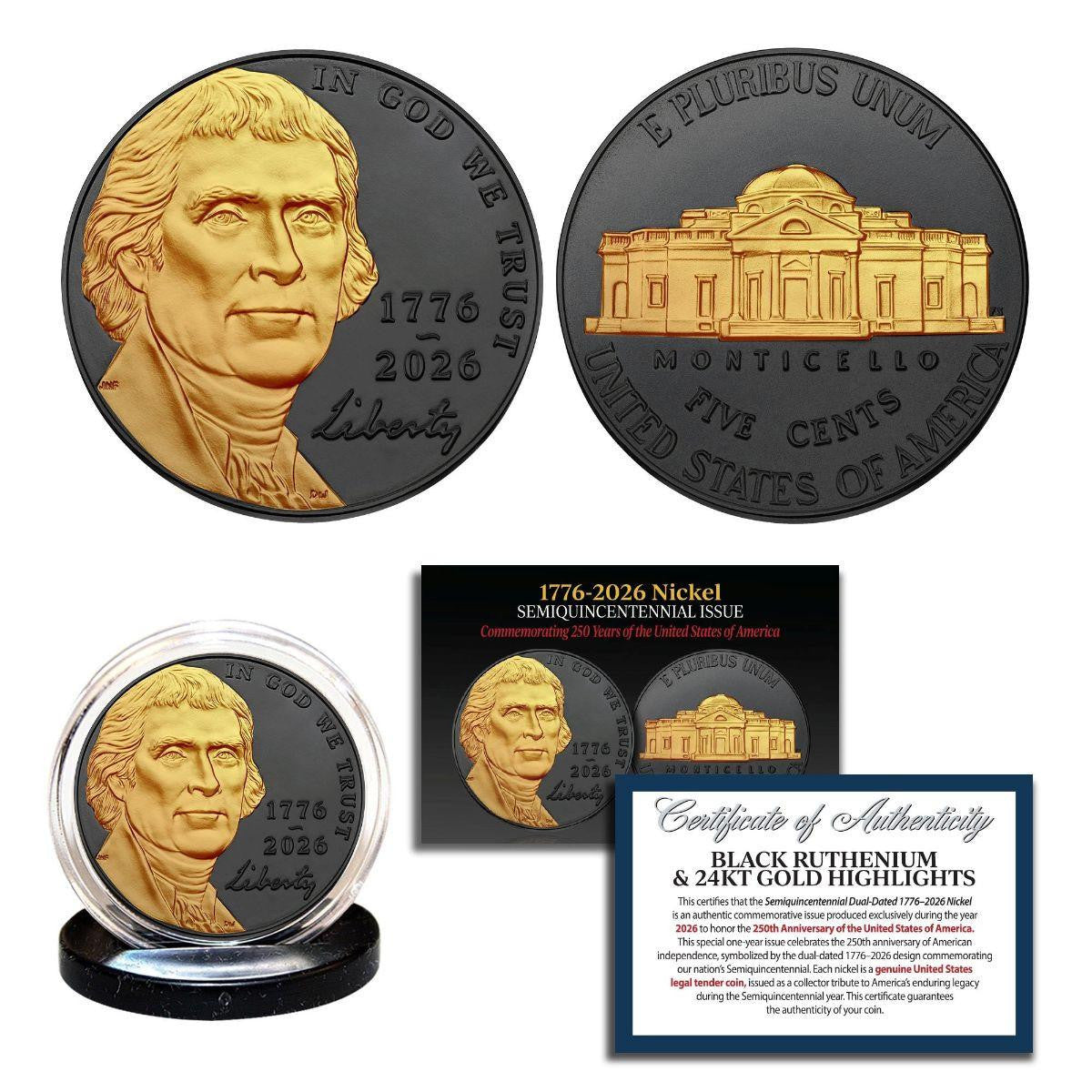 2026 Jefferson Nickel BU - America 250 - Black Ruthenium with 24K Gold Plated Highlights w/COA - CoinsTV
