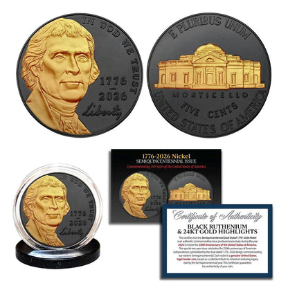 2026 Jefferson Nickel BU - America 250 - Black Ruthenium with 24K Gold Plated Highlights w/COA - CoinsTV