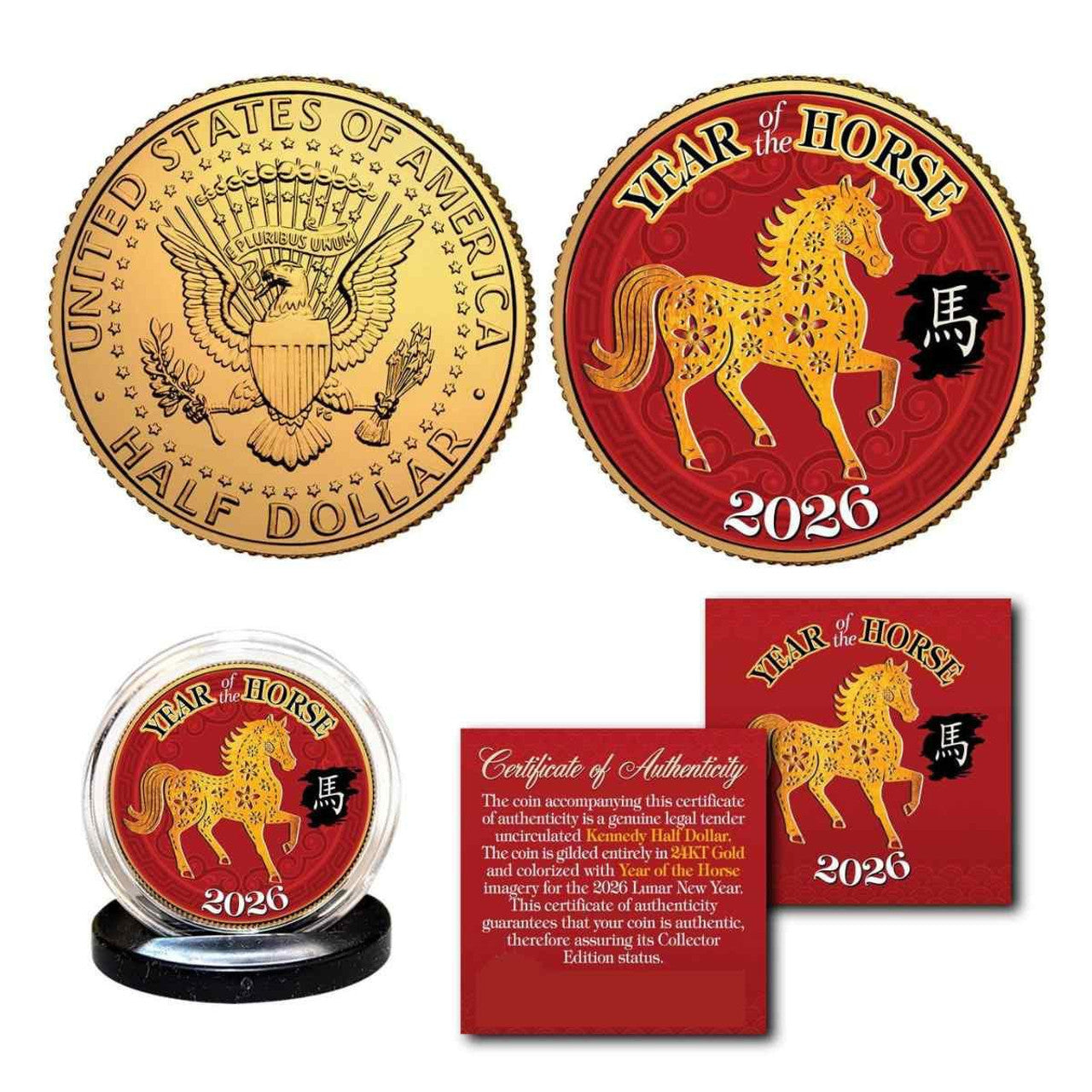 2026 Kennedy Half Dollar “Year of the Horse” 24KT Gold-Plated - CoinsTV