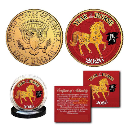 2026 Kennedy Half Dollar “Year of the Horse” 24KT Gold-Plated - CoinsTV
