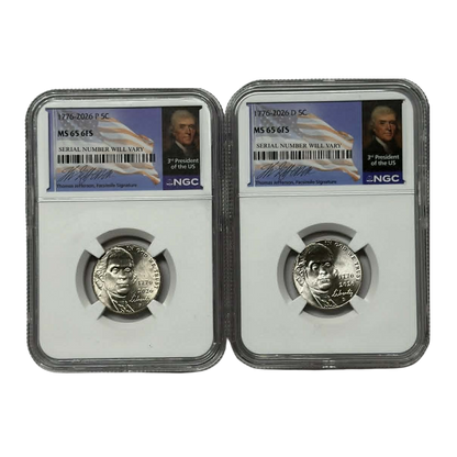 2026 P&D Jefferson Nickel - NGC MS65 6FS Thomas Jefferson Signature Label 2 pc Set - CoinsTV