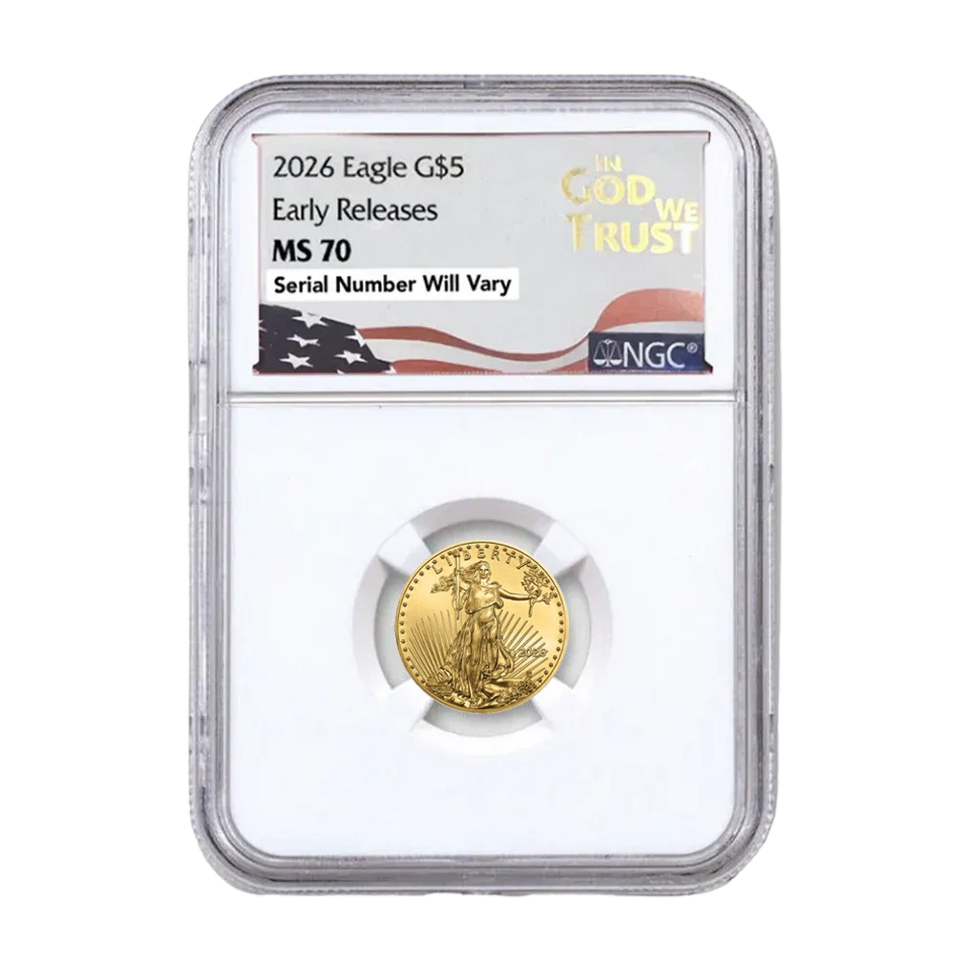2026 $5 Gold Eagle in God We Trust Label - NGC MS70 Early Releases - CoinsTV