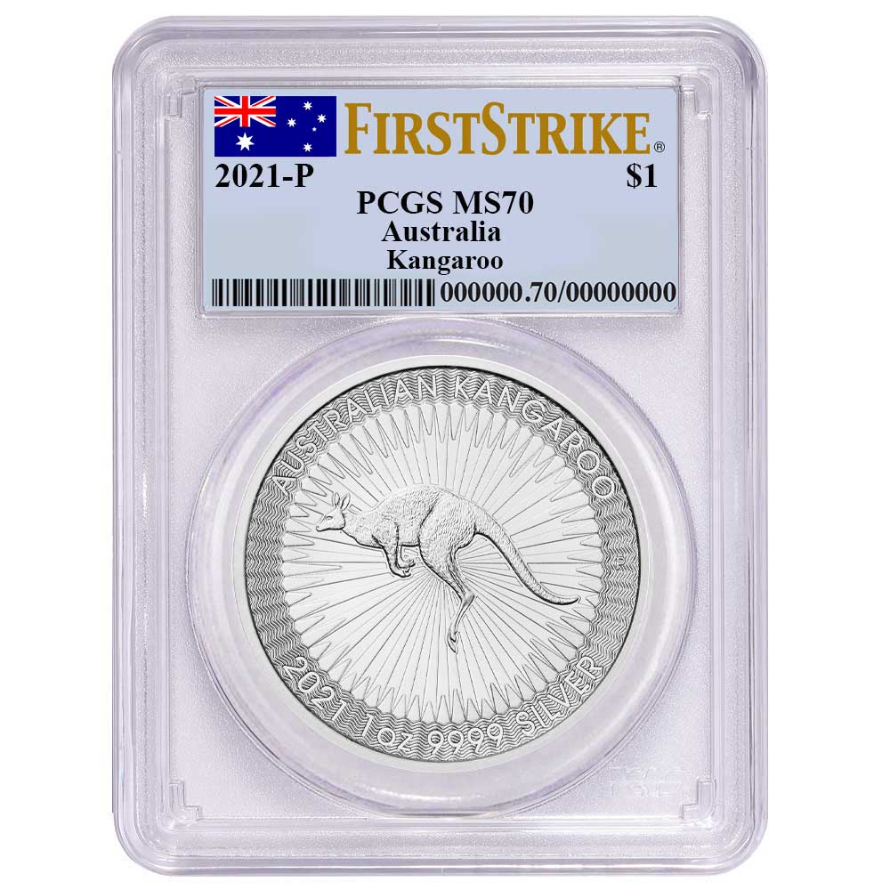 2021-P $1 Australian Kangaroo 1 oz Silver - Australian Flag Label - PCGS MS70 FS - CoinsTV