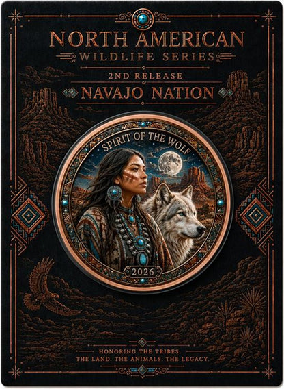 North American Wildlife - Navajo Nation Spirit of the Wolf UHR Colorized 1 oz Copper Medal in Card