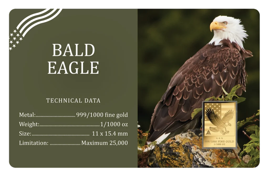 2026 Bald Eagle America Series 1/1000 oz 999 Gold Medal in Card
