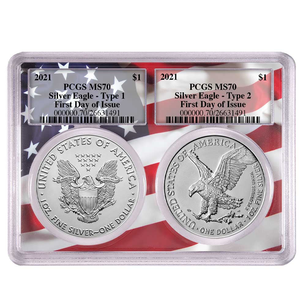 2021 Silver Eagle Type 1 and Type 2 Flag Frame 2 pc Set - PCGS MS70 FDOI - CoinsTV