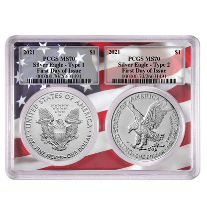 2021 Silver Eagle Type 1 and Type 2 Flag Frame 2 pc Set - PCGS MS70 FDOI - CoinsTV