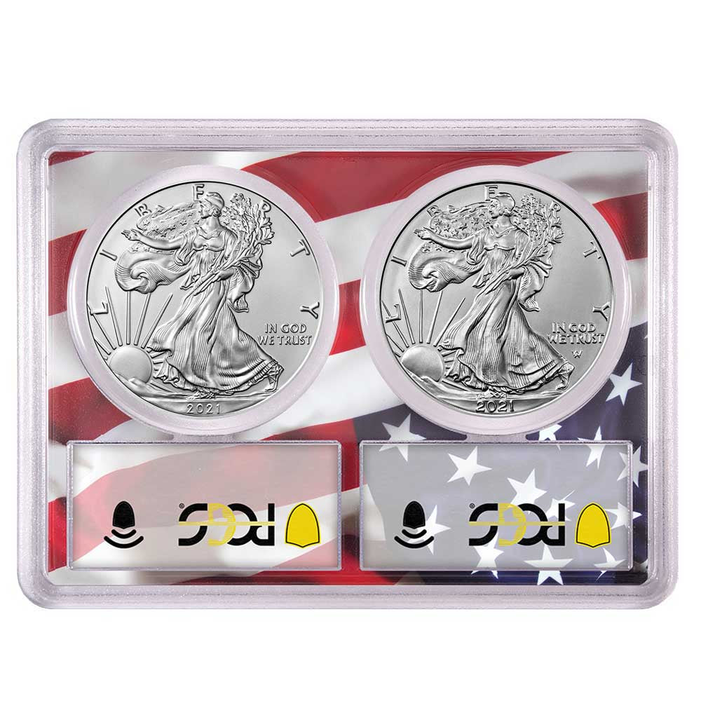 2021 Silver Eagle Type 1 and Type 2 Flag Frame 2 pc Set - PCGS MS70 FDOI - CoinsTV