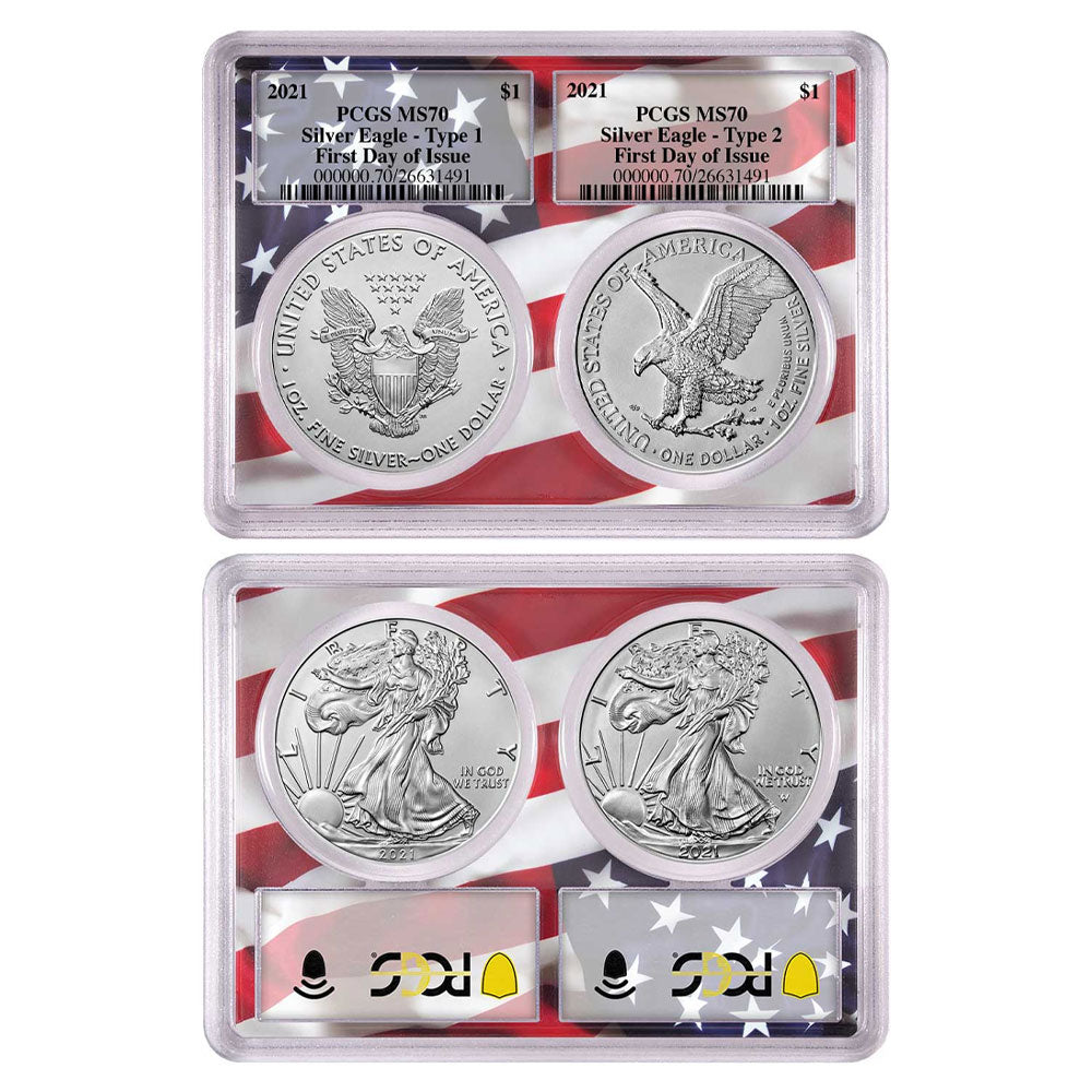 2021 Silver Eagle Type 1 and Type 2 Flag Frame 2 pc Set - PCGS MS70 FDOI - CoinsTV