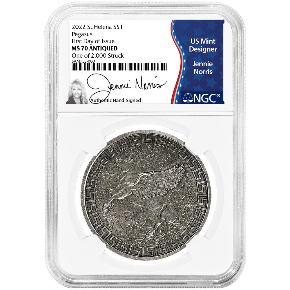 2022 St. Helena Silver Pegasus Antique Finish - Jennie Norris Flag Label - NGC MS70 FDI - CoinsTV