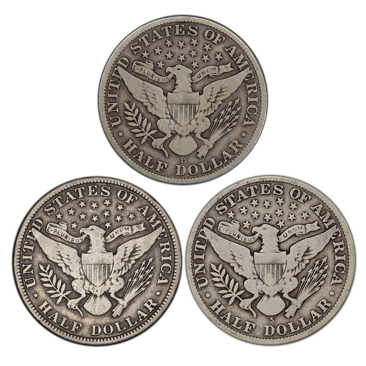 1912 Barber Half Dollar 3pc Set - P,D,S - Titanic Era - CoinsTV