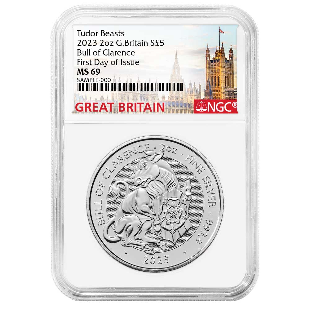 2023 Great Britain Tudor Beast Bull of Clarence 2 oz Silver - NGC MS69 FDI Great Britain Label - CoinsTV