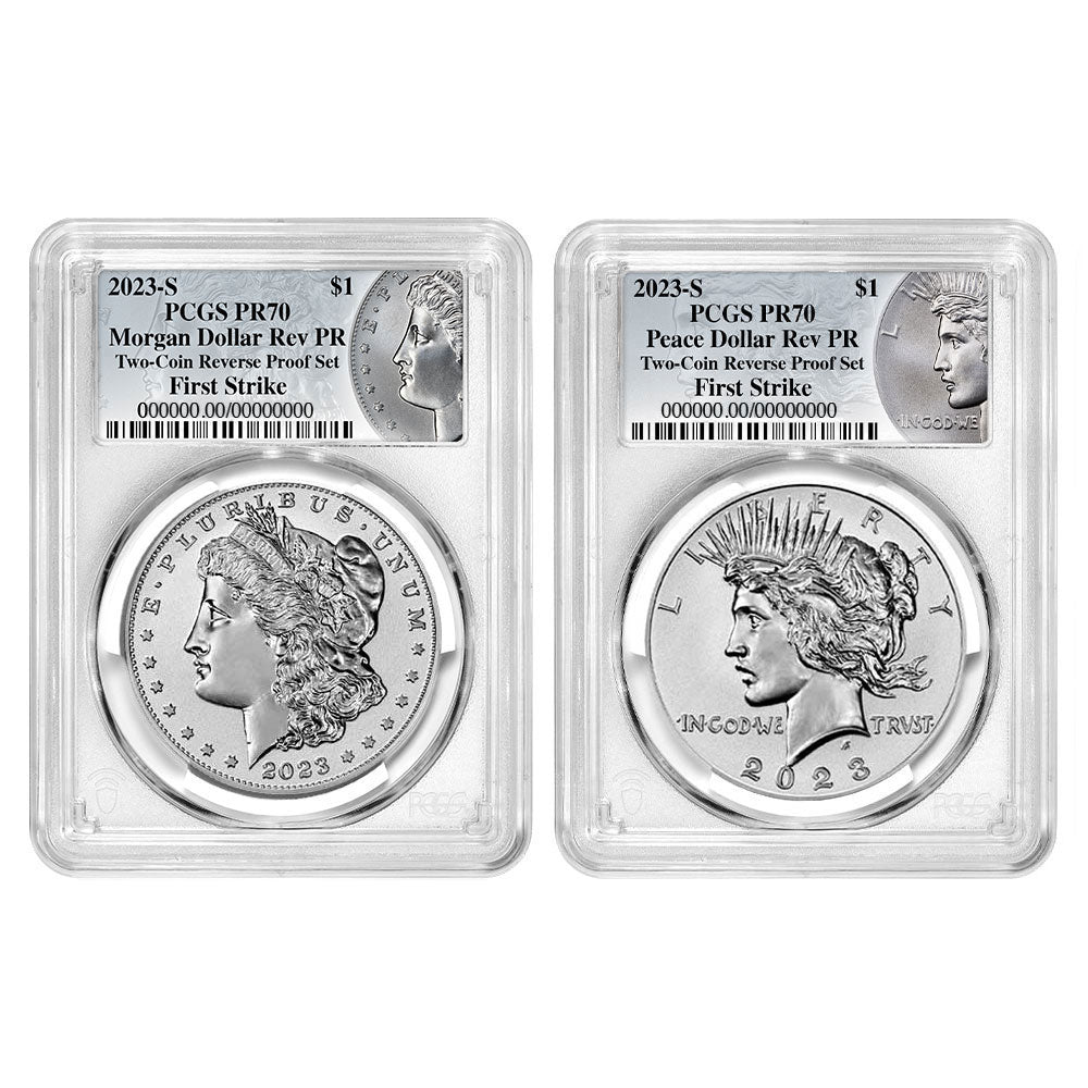 2023-S Morgan and Peace Dollar Reverse Proof 2 pc Set - PCGS PR70 FS Morgan & Peace Label - CoinsTV