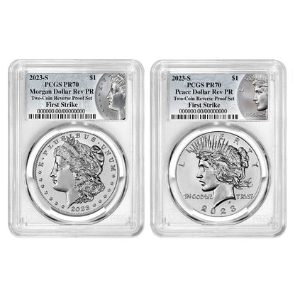 2023-S Morgan and Peace Dollar Reverse Proof 2 pc Set - PCGS PR70 FS Morgan & Peace Label - CoinsTV